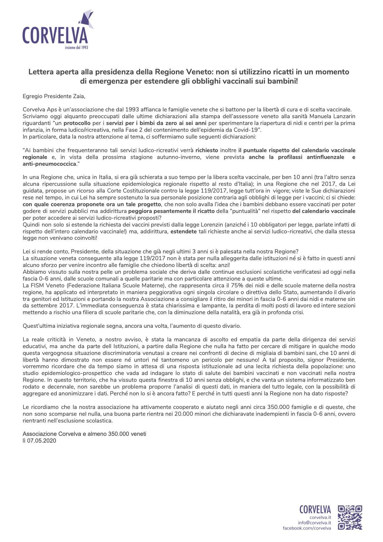Lettera aperta alla presidenza della Regione Veneto