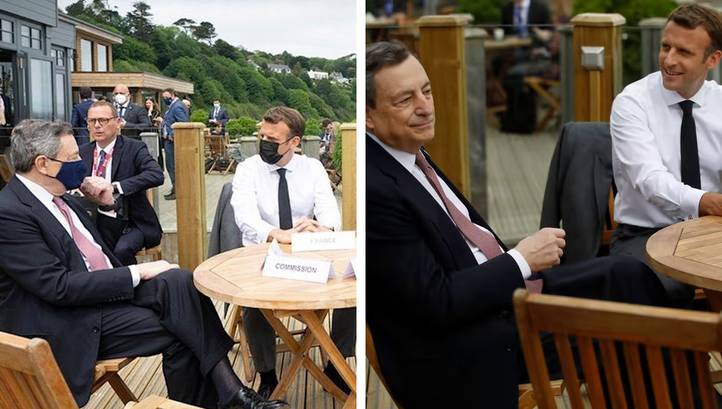 14 de junio de 2021 | Gran Bretaña | El presidente francés, Emmanuel Macron, y el primer ministro italiano, Mario Draghi, asisten a una reunión de coordinación de la UE durante la cumbre del G7. Evento idéntico, pero fotos tomadas para países con más o menos restricciones
